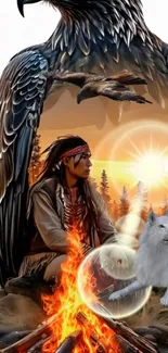Native themed wallpaper with eagle, wolf, and campfire scene.