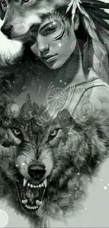 Native-inspired wolf and woman illustration with grayscale tones.