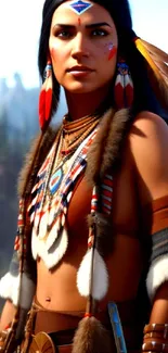 Native American attire with scenic background in phone wallpaper.