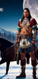 Native American warrior with horse in snowy landscape under dual moons.