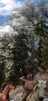 Native American warrior in winter forest with horses.