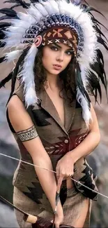 Native warrior with bow in traditional attire and headdress.