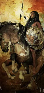 Native warrior on horseback with earth-toned background.