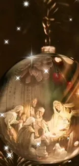 Nativity scene on festive Christmas ornament with sparkling accents.