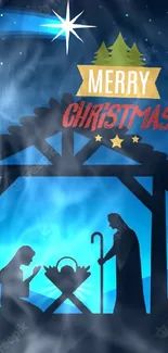 Nativity scene with Christmas star in a peaceful, starry night silhouette.