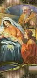 Nativity scene wallpaper with holy family.