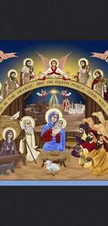 Nativity icon wallpaper with angels and holy figures.