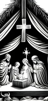 Black and white nativity scene illustration.