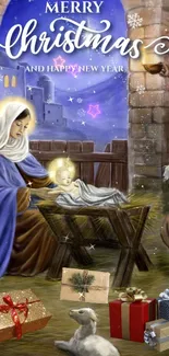 Serene nativity scene Christmas wallpaper featuring Jesus' birth.