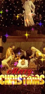 Nativity scene with Christmas decorations and Merry Christmas text.