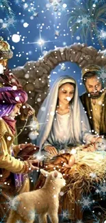 Nativity scene wallpaper with holy family and wise men, set in a starry night.