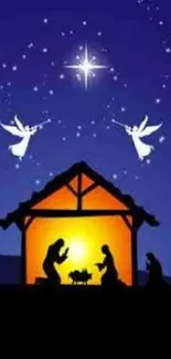 Nativity scene wallpaper with starry sky and angels.