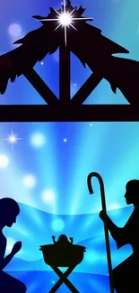 Nativity scene wallpaper with a blue backdrop and silhouettes.