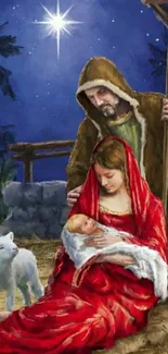 Nativity scene with Mary, Joseph, and baby Jesus under a starry night sky.