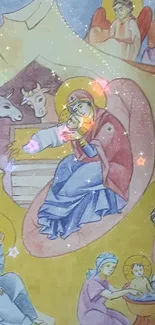 Colorful nativity scene featuring holy figures in illustrated art style.