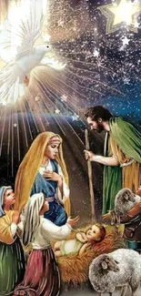 Nativity scene with divine figures and night sky, perfect for Christmas spirit.