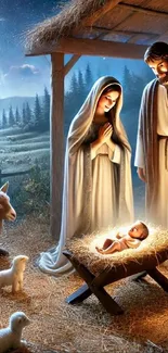 Nativity scene with holy family and animals under starry sky.