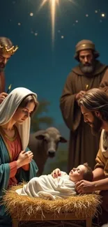 Nativity scene with Mary, Joseph, and baby Jesus under a starry sky.