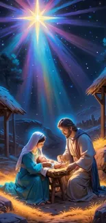 Nativity scene with a radiant star shining on a holy family.