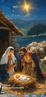 Nativity scene with Mary, Joseph, baby Jesus, and sheep under a starry sky.