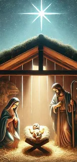 Nativity scene mobile wallpaper with holy family in a manger.