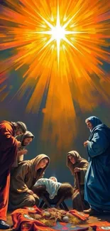 Nativity scene illustration with radiant star and holy figures.