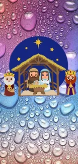 Colorful nativity scene mobile wallpaper with water droplets.