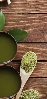 Green tea and matcha on wooden background wallpaper.