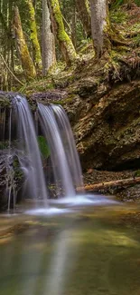 Serene forest waterfall mobile wallpaper with lush greenery.