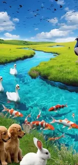 Lush landscape with river, animals, and birds under a blue sky.