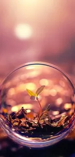 Plant encased in a bubble with warm pink light.