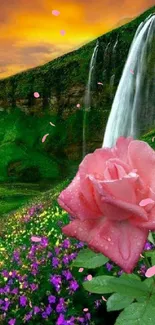 Mobile wallpaper of a pink rose with waterfall and lush greenery.