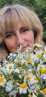 Blonde woman with daisies and butterflies, set against lush greenery.