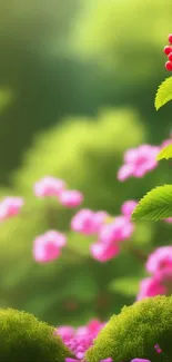 Colorful nature wallpaper with pink flowers and green leaves.