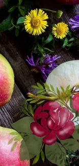 Nature-themed wallpaper with apples and flowers, vibrant and rustic.