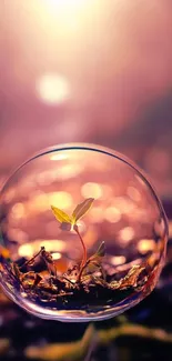 A young plant inside a bubble with a bokeh background.