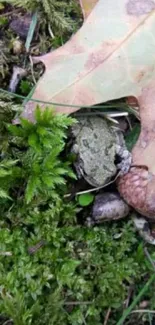 A frog camouflaged in lush green moss on a forest floor.