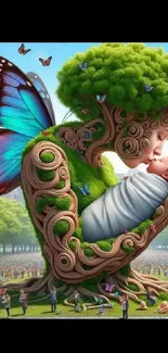 Fantasy art of a tree with a butterfly wing cradling a baby in a park.