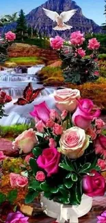 Nature wallpaper with roses, waterfalls, and mountain.