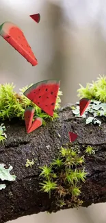 Green moss and lichen on a tree branch.