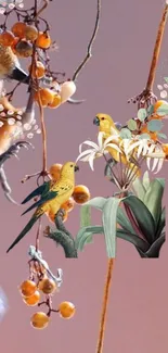 Birds on branches with floral designs in soft pink tones.