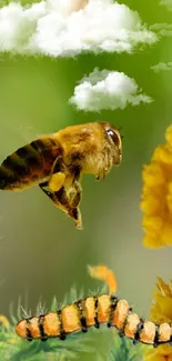 Honey bee flying over green foliage and yellow flower in nature wallpaper.