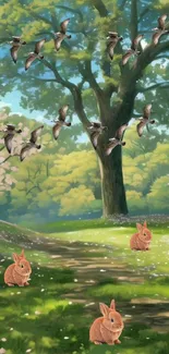 Forest scene with bunnies and flying birds, perfect for nature-themed mobile wallpaper.