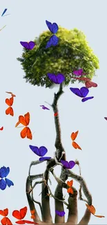 Floating tree and colorful butterflies wallpaper with sky blue background.