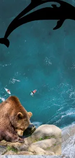 Bear and dolphin art on a vibrant ocean background.