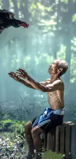 A man releases a rooster in a sunlit forest, embracing nature's tranquility.