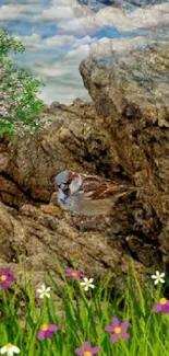 Sparrow in natural scenic wallpaper with flowers and rocks.