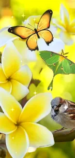 Beautiful wallpaper with yellow blossoms, butterflies, and a sparrow in harmony.