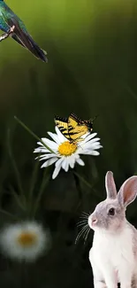 Serene wallpaper with rabbit, butterfly, and bird on a daisy in green field.