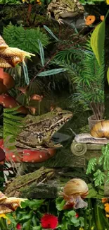 Frogs and snails among lush plants in nature wallpaper.